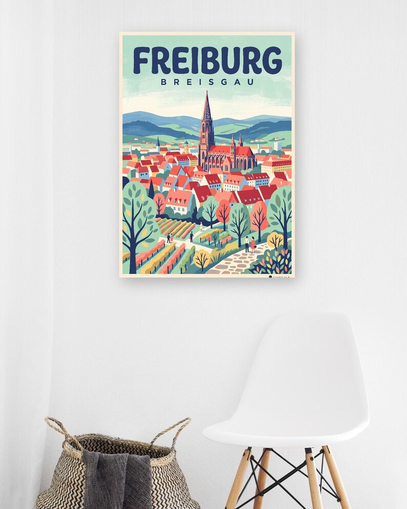 Freiburg Poster · Mid-Century · Breisgau · Retro Reiseplakat Münsterplatz & Schlossberg image 7