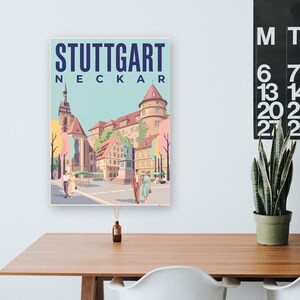 Stuttgart Poster · Mid-Century · Neckar · Retro Reiseplakat Schlossplatz, Fernsehturm, Grabkapelle & Schillerplatz Bild 17