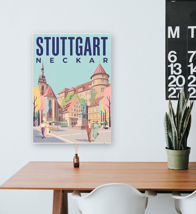 Stuttgart Poster · Mid-Century · Neckar · Retro Reiseplakat Schlossplatz, Fernsehturm, Grabkapelle & Schillerplatz Bild 17