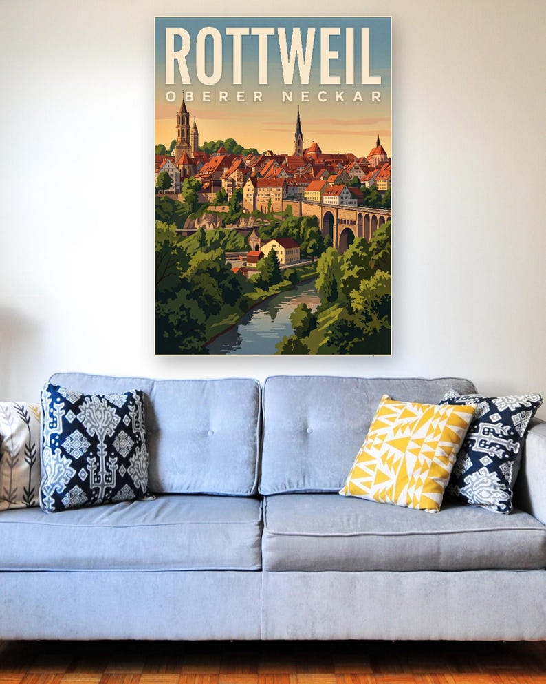 Rottweil Poster · Malerisch · Oberer Neckar · Retro Reiseplakat Schwarzes Tor, Neckartal & Kapellenturm 画像 6