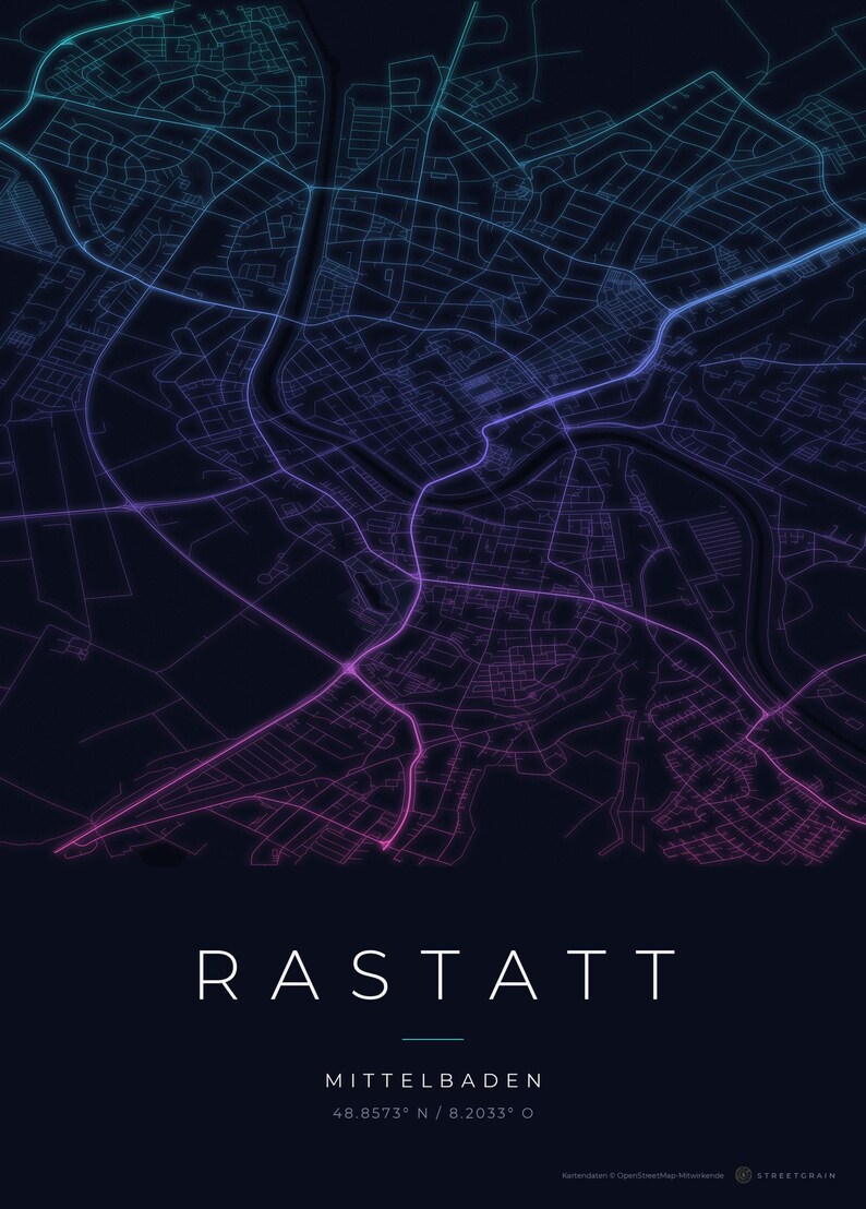 Rastatt Stadtplan Poster · Mittelbaden · Karte in 8 Farbwelten · Stadtkarte Wandbild Neon Nights