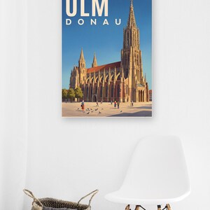 Ulm Poster · Malerisch · Donau · Retro Reiseplakat Münster, Schiefes Haus & Donau Bild 8