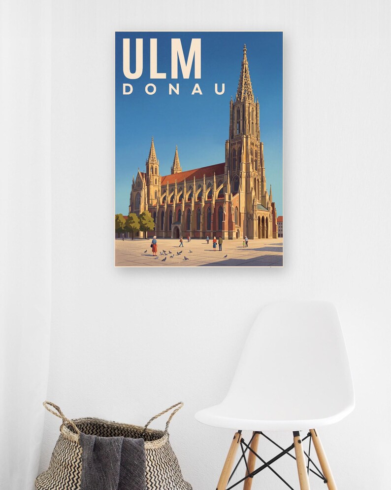Ulm Poster · Malerisch · Donau · Retro Reiseplakat Münster, Schiefes Haus & Donau Bild 8