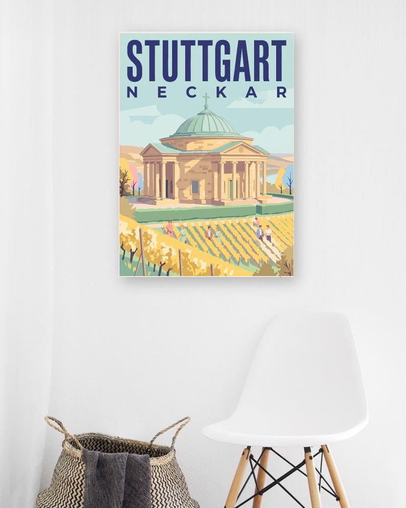 Stuttgart Poster · Mid-Century · Neckar · Retro Reiseplakat Schlossplatz, Fernsehturm, Grabkapelle & Schillerplatz Bild 12