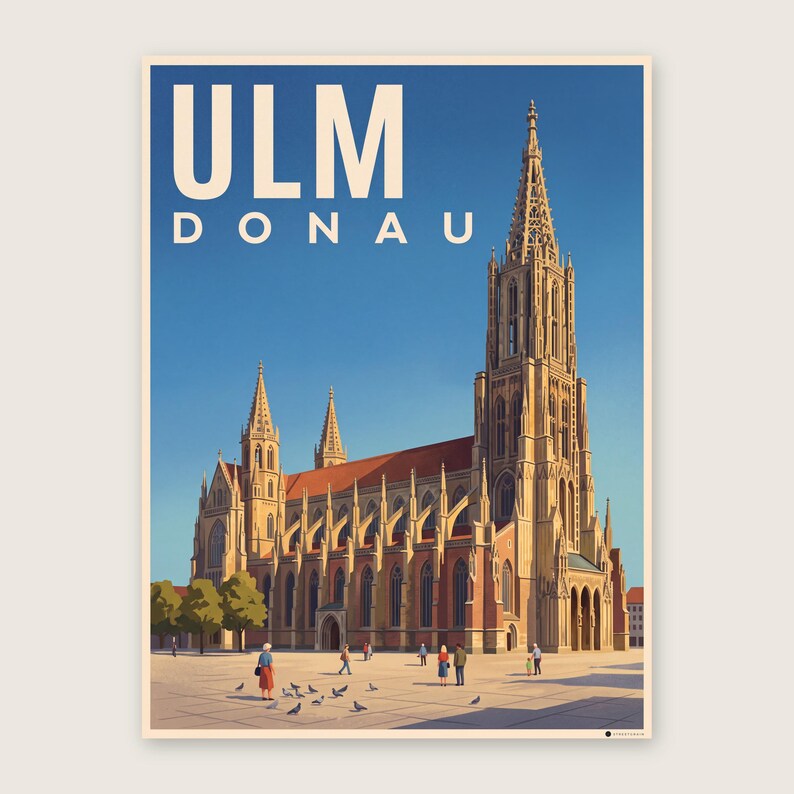 Ulm Poster · Malerisch · Donau · Retro Reiseplakat Münster, Schiefes Haus & Donau Münster