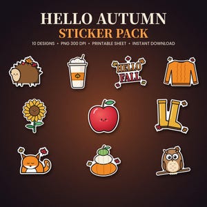 May include: A digital sticker pack titled HELLO AUTUMN STICKER PACK featuring 10 designs including a hedgehog, a coffee cup, a HELLO FALL sign, an orange jumper, a sunflower, a red apple, yellow wellington boots, a fox, stacked pumpkins, and an owl.