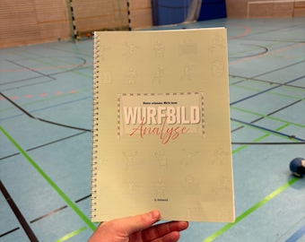 May include: A spiral-bound notebook with a light green cover featuring a pattern of handball player icons. The center displays the text "Wurfbild Analyse" in bold black and red script, with "Muster erkennen, Würfe lesen" above it.