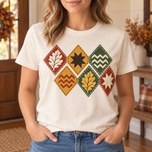 Herbstliches Patchwork-Diamanten-PNG, Eichenblatt- und Sternen-Shirt-Grafik