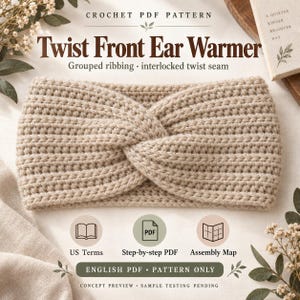 May include: A beige crochet ear warmer featuring a twist front design with grouped ribbing and an interlocked seam. The text reads Crochet PDF Pattern, Twist Front Ear Warmer, US Terms, Step-by-step PDF, Assembly Map, and English PDF Pattern Only.