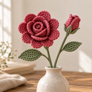 Patrón PDF de tallo de rosa a crochet, flor y capullo en capas.