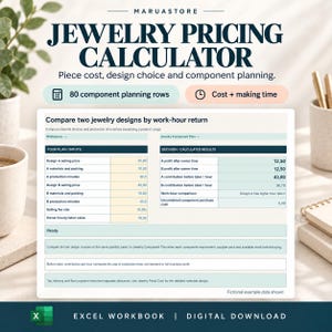 Puede incluir: Una plantilla de libro de trabajo de Excel para calculadora de precios de joyería de MARUASTORE. La interfaz presenta una tabla comparativa para dos diseños de joyería, incluyendo campos de entrada para precio de venta, costos de materiales y minutos de producción.