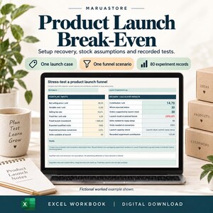 Può includere: Una cartella di lavoro Excel digitale per il punto di pareggio del lancio di un prodotto visualizzata su uno schermo di un portatile. Lo schermo mostra un foglio di calcolo intitolato Stress-test a product launch funnel.