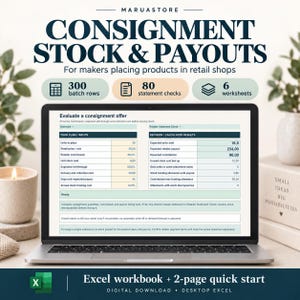 May include: A digital Excel workbook for consignment stock and payouts displayed on a laptop screen. The interface shows tables for evaluating consignment offers with input fields and calculated results. Includes 300 batch rows, 80 statement checks, and 6 worksheets for retail shop inventory management.