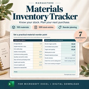 May include: A digital Materials Inventory Tracker spreadsheet for Microsoft Excel featuring 7 worksheets. The interface displays columns for plan inputs and calculated results, including fields for average daily use, lead time, and reorder trigger quantities.