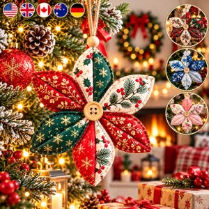 May include: A fabric star-shaped Christmas ornament featuring six padded petals in alternating red, green, and cream colors with gold snowflake, holly, and pine branch patterns, centered with a small wooden button and a jute hanging loop.