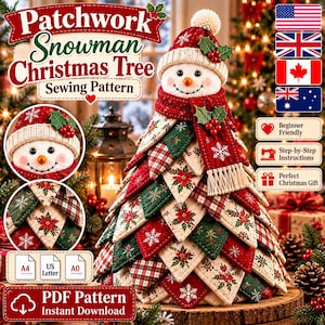 May include: A sewing pattern for a Patchwork Snowman Christmas Tree, featuring a snowman topper with a red hat and scarf, and a tree body made of layered fabric triangles in red, green, and cream with poinsettia and snowflake prints.