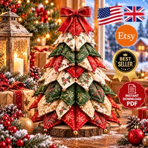 May include: A fabric Christmas tree decoration constructed from layered, quilted triangular segments in red, green, and cream patterns featuring holly and snowflake motifs, topped with a red bow and small gold beads at each point.