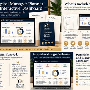 Può includere: Un kit di strumenti di gestione digitale Orynne che include un pianificatore PDF da 20 pagine, una dashboard Excel e modelli per tracciare azioni, scadenze e priorità. Include grafici visivi, elenchi di attività e guide per la gestione professionale.