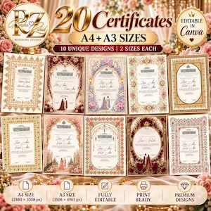 May include: A digital collection of 20 wedding certificate templates featuring 10 unique designs in A4 and A3 sizes. The templates are editable in Canva and include ornate floral, geometric, and architectural borders with text placeholders.