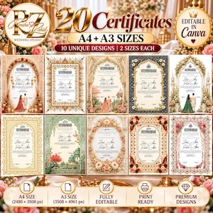 May include: A digital collection of 20 wedding certificate templates featuring 10 unique designs in A4 and A3 sizes. The templates are editable in Canva and include ornate floral borders, architectural arches, and elegant script typography.