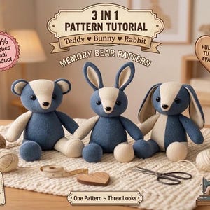 Molde em PDF para costura de Urso de Pelúcia de 60 cm (24 polegadas), 3 em 1 (Ursinho, Coelho), Tutorial em Vídeo, Urso Grande para Lembrança feito de Roupas, Ideia de Presente Memorial