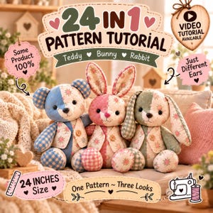 24 Inch Memory Bear Sewing Pattern PDF, 3 in 1 Teddy Bear Bunny Rabbit, Video Tutorial, Large Keepsake Bear from Clothes, Memorial Gift Idea