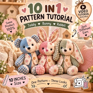 10 Inch Memory Bear Sewing Pattern PDF with Video Tutorial, 3 in 1 Teddy Bear Bunny Rabbit, Keepsake from Clothes, Memorial Gift Beginner