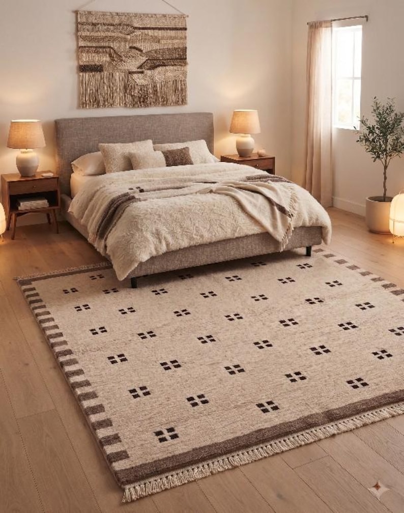 Hand Knotted Beige Wool Rug, Brown Geometric Area Rug, Minimalist ...