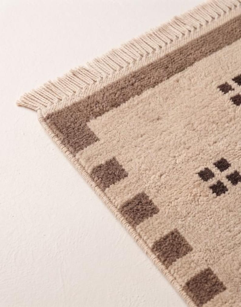 Hand Knotted Beige Wool Rug, Brown Geometric Area Rug, Minimalist ...