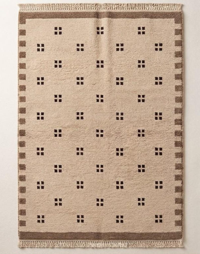 Hand Knotted Beige Wool Rug, Brown Geometric Area Rug, Minimalist ...