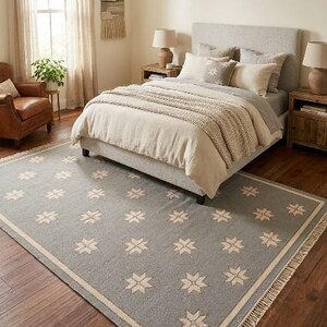 Hand Knotted Gray Wool Rug, Ivory Star Pattern Area Carpet, Geometric Modern Rug