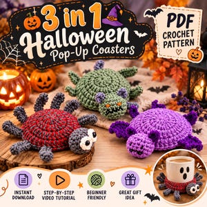 May include: A 3-in-1 Halloween pop-up coaster PDF crochet pattern featuring three handmade creatures: a red and grey spider, a green monster, and a purple bat. The image includes text labels for instant download and video tutorials.