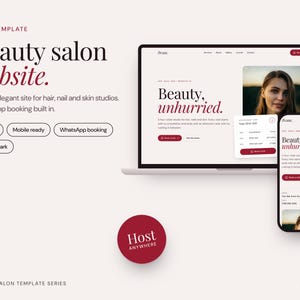 May include: An HTML website template for a beauty salon displayed on a laptop and smartphone screen. The design features the text Beauty salon website, Beauty, unhurried, and Host ANYWHERE, with buttons for booking, mobile readiness, and light and dark modes.