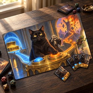 May include: A rectangular playmat featuring a black cat pressing a glowing orange button on a gold console, with a blue portal, a treasure chest, a skeleton, and a burning tower in the background. Three matching cards are placed on the mat.