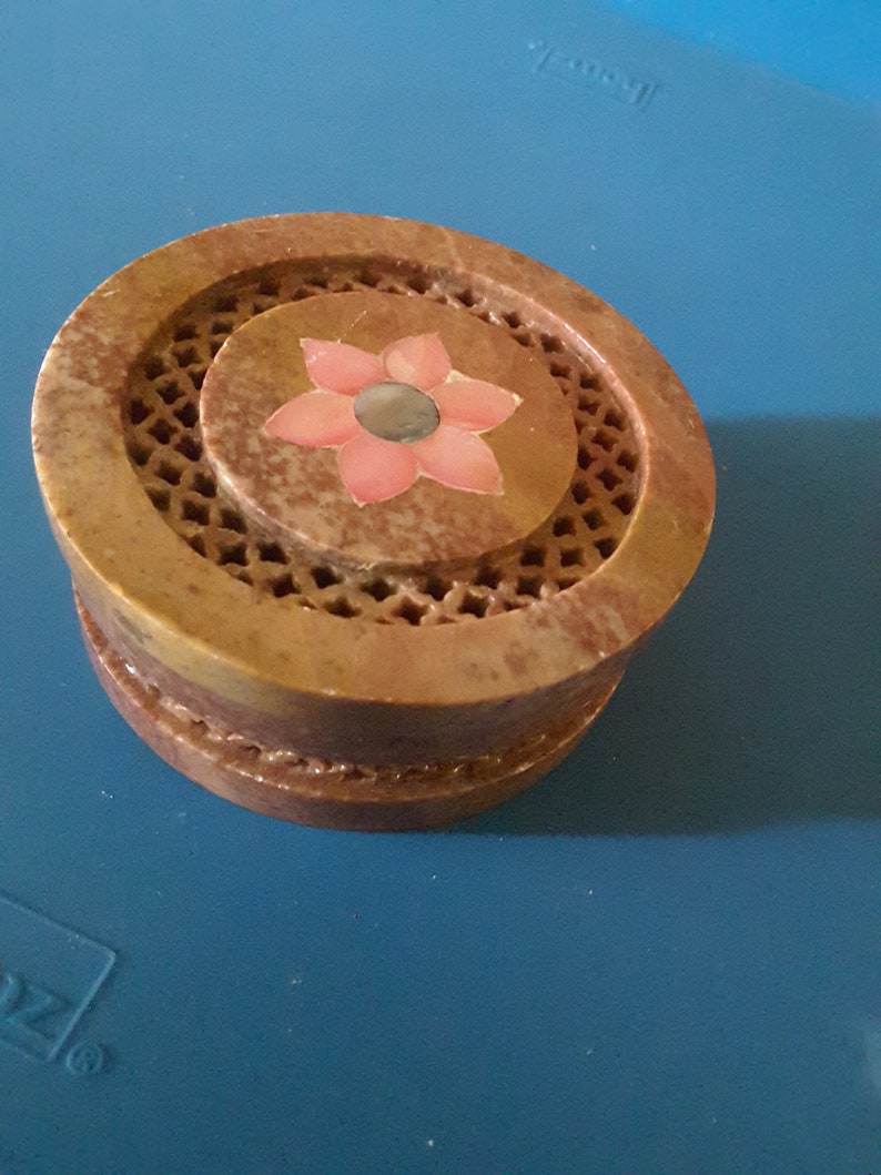 Vintage Round Carved and Inlaid Soapstone Box Etsy