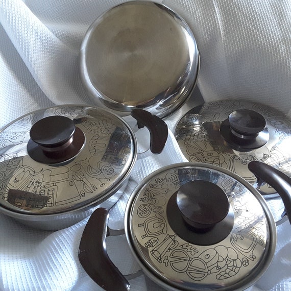 Rare Presto Pride Bakelite Handle Copper Bottom Retro Engraved Lidded  Cookware Set 1950s 