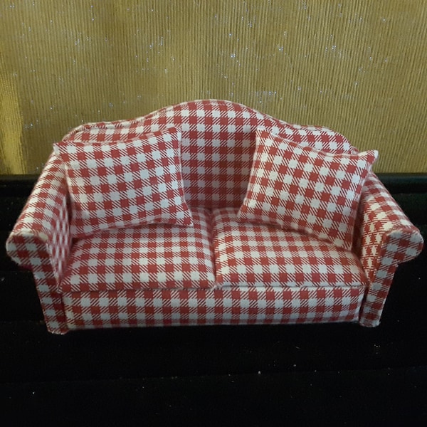 Vintage handmade  camelback sofa red check doll house furniture