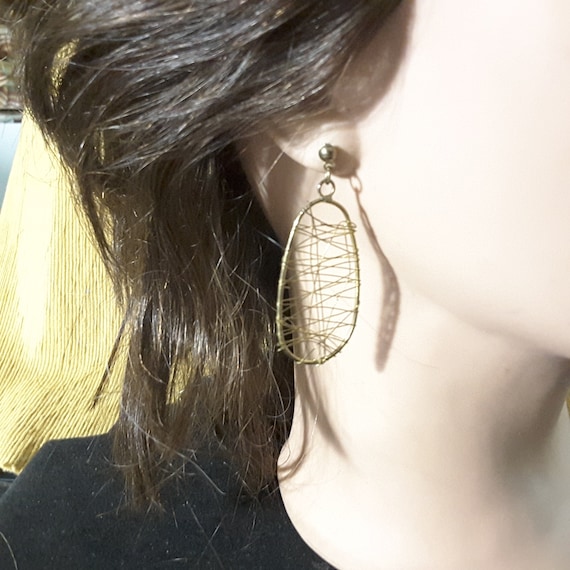 Vintage modern golden wire wrapped pierced earrin… - image 1