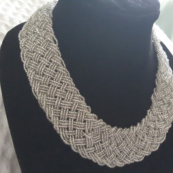 Vintage silver seed bead  braided bib necklace