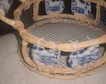 Vintage Blue and White porcelain accented wire egg basket