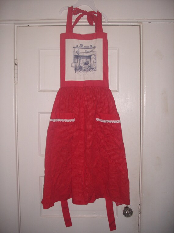 vintage ladies Pinafore style red dotted apron - image 2