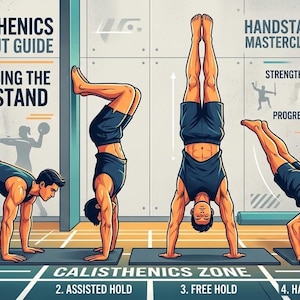 May include: A calisthenics workout guide poster titled Mastering the Handstand. It features four illustrations of a person in dark shorts performing a kick up, assisted hold, free hold, and handstand push-up on mats in a gym setting.