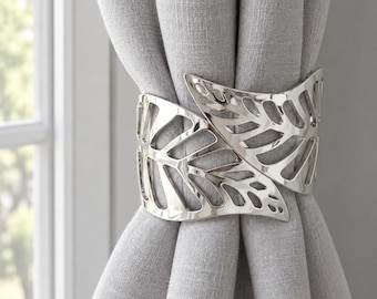 Gold or Silver Openwork Curtain Cuff with Layered Leaves, Metal Leaf Curtain Tieback for Gathered Drapes and Window Decor