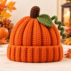 May include: A bright orange crocheted beanie hat designed to resemble a pumpkin. The hat features a ribbed texture, a dark brown crocheted stem at the top, and a green crocheted leaf with a long, spiraling green vine attached to the side.