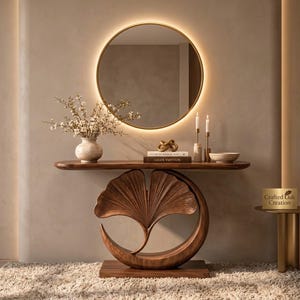 Op de afbeelding: Een houten sidetable met een voet in de vorm van een groot ginkgoblad en een halve maan, bekroond met een vaas met witte bloemen, twee kaarsen en boeken. Boven de tafel hangt een ronde spiegel met een oplichtende, goudkleurige rand.