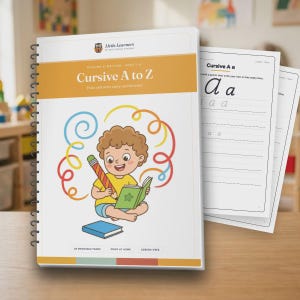 May include: A spiral-bound workbook titled Cursive A to Z by Little Learners. The cover features a cartoon child holding a pencil and a green book, surrounded by colourful swirls. Inside pages show cursive letter tracing exercises for the letter A.
