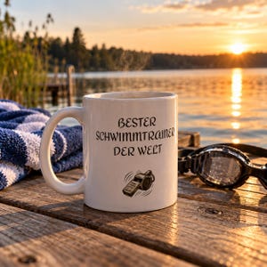 Könnte beinhalten: Ein weißer Keramikbecher mit dem schwarzen Text "BESTER SCHWIMMTRAINER DER WELT" und einer grafischen Abbildung einer Trillerpfeife. Der Becher steht auf einem Holzsteg neben einem blau-weiß gestreiften Handtuch und einer schwarzen Schwimmbrille.
