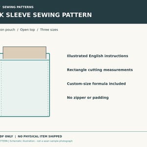May include: A digital sewing pattern for a book sleeve, featuring a schematic illustration of a lined cotton pouch with an open top. The text includes QIVRAA, BOOK SLEEVE SEWING PATTERN, illustrated English instructions, rectangle cutting measurements, custom-size formula, and no zipper or padding.