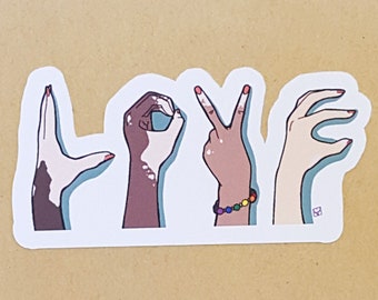 LOVE Vitiligo Sticker | Diversity, Unity, Inclusion, rainbow hands, Body Positive, Pride, Hands Spelling Love vinyl sticker