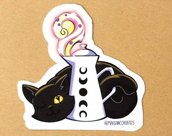 Magic and Cats Carafe Cat Vinyl Sticker | coffee, Cute Cat Sticker, Kawaii black Cat Sticker, Water Bottle Sticker, moon phases, magic brew